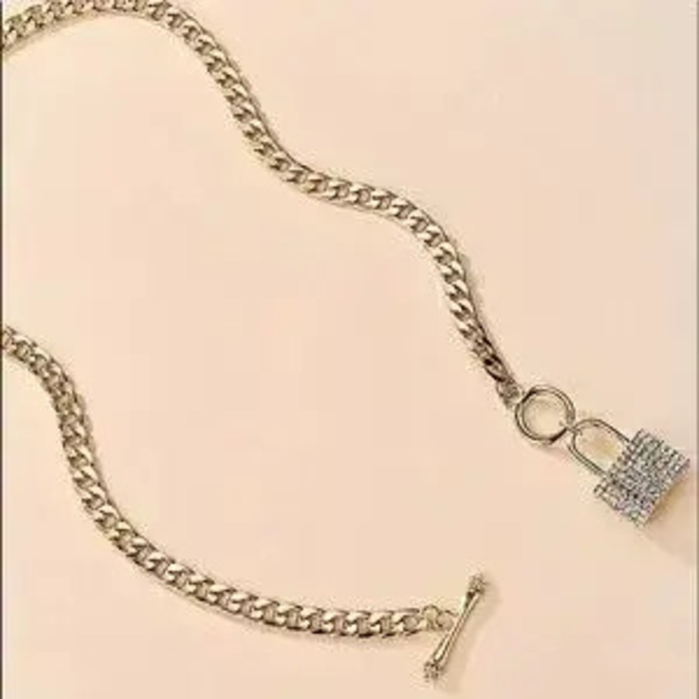 Gold Lock Rhinestone Chain Link Toggle Necklace - Picture 7 of 10